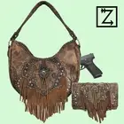 Zelris Women Western Fringe Concho Studded Concealed Carry Hobo Purse Wallet Set