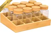 Wooden Spice Rack with 12 Bamboo Jars & German Spice Labels