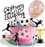 Female Soccer Cake Topper, Qoadwem Set Female Girl Soccer Cake Topper For female Soccer Cake Decorations With Pink Balloon, Gold Balls, Soccer Ball, Happy Birthday Cake Topper