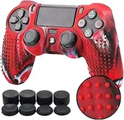 YoRHa Studded Silicone Cover Skin Case for Sony PS4/slim/Pro Dualshock 4 controller x 1(camouflage red) With Pro thumb grips x 8