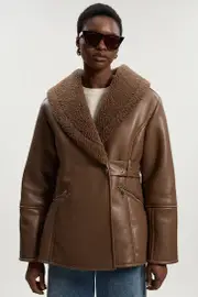 Faux Leather Bonded Waisted Peplum Coat