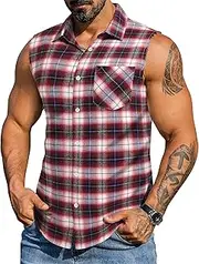 [COOFANDY] Mens Sleeveless Flannel Shirt Casual Summer Tank Top Button Up Sleeveless Beach Shirts with Chest Pocket