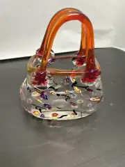 Glass Purse Art Hand Blown Murano Style Millefiori Italian Multicolored Handbag