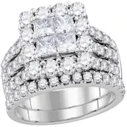 14k White Gold Princess Diamond Cluster Bridal Wedding Ring Set 3 Cttw