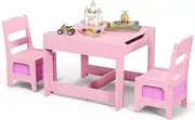 Costway Kids Table and Chairs Set, 3-Piece Kids Furniture Set, Kids Play Table and Chair Set, Toddler Table and 2 Chairs Set, Double Sided Kids Table, Children Activity Art Desk Set (Pink)