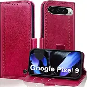 Wallet Case for Google Pixel 9 / Pixel 9 Pro 6.3 inch 2024, Google Pixel 9 Case with Card Holder, Premium PU Leather Shockproof Protective Cover, Flip Folio Pixel 9 Pro Case with Stand Feature - Red