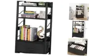 Small Bookshelf with Drawer: 4-Tier Wood Book Shelf Industrial 4-tier Black