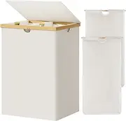 WOWLIVE 165L Double Laundry Hamper with Lid Bamboo Laundry Basket 2 Section,Large Dirty Clothes Hamper with Removable Bags, Laundry Bin Organizer Storage for Dorm,Bedroom,Bathroom,Beige