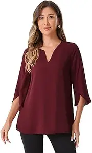 [Allegra K] Women's 3/4 Sleeve V Neck Chiffon Flowy Mesh Shirt Casual Loose Work Tunic Blouse Top
