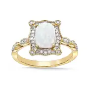 Cushion-Cut Lab-Created Opal and 0.13 CT. T.W. Diamond Ornate Frame Antique Vintage-Style Ring in Solid 10K Yellow Gold