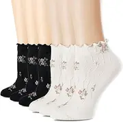 [bropapa] Women’s Ruffle Ankle Socks Vintage Pattern Short Casual Fashion Dress Sock Cute Princess Lettuce Embroidery Floral Socks 6 Pack, 6pairs(black,white)