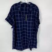 Tahari 2X Plus Blue White Check Linen Rayon Popover Lagenlook Top Blouse Beachy