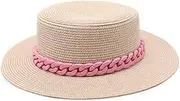[BABESA] Straw Cowboy Hat,Out Beach Hat,Woven Sun Hat,Summer Sun Hats Leisure Straw Hat with Chain Female Summer Flat-top Top Hat Seaside Holiday Beach Hat Sunshade Straw Hat (Color : Pink) (Color : Pink)