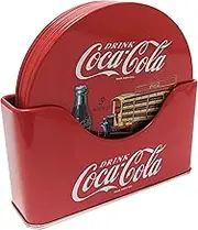 The Tin Box Company Coke 6 pc Coaster Set with Standing Metal Holder, Red
