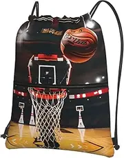 EdWal Basketball Print Drawstring Backpack Gym Bags Sports Bags With Zipper Pocket For Travel Beach, Black, One Size