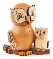 Handcrafted Wooden Whimsical Owl with Baby Owlet German Incense Smoker