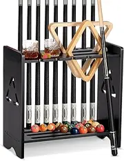 Pool Cue Stick Holder - Floor Stand Billiards Rack Oak Solid Wooden Holds 9 Cues and Pool Table Accessories Organizer
