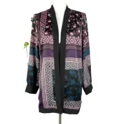 Chico's Duster Jacket size 4 6 0 Teal Purple Floral Bohemian Patchwork Lagenlook