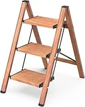 GameGem 3 Step Ladder, Aluminum Folding Step Stool with Anti-Slip Sturdy and Wide Pedal, Lightweight Portable Stepladder for Home and Kitchen Use Space Saving, Woodgrain, 330 lbs