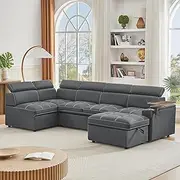 Multifunctional Sleeper Sectional Living Room Sofabed Tufted Upholstered Convertible Sofa&Couch W/Pull Out Sleep Couch Bed, Storage Armrest,Ottoman,Headrests,Coffee Table,Cupholders, USB,Type-C Ports