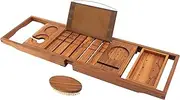 VaeFae Teak Bathtub Tray, Expandable Wooden Bath Tray for Tub with Wine and Book Holder, Solid Bathroom Caddy with Free Teak Body Brush