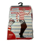 Where's Waldo Adult Halloween Costume Sz L / XL Shirt Hat Glasses