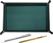 TRAMG-701S-SV60KBP Japanese Moss Green Cowhide Leather Pen Tray with Metal Instruction Bar and Slim 60 Ballpoint Pen Set
