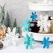 Bucherry 12 Pcs Wooden Snowflake Table Decor 3D Snowflake Tabletop Signs and Centerpiece for Christmas Xmas Winter Wonderland Decorations Home Party(White, Dark Blue, Light Blue)