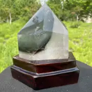 1.42kg Natural Ghost Quartz Obelisk Reiki Crystal Wand Point Tower Decor + Stand