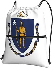 EdWal Massachusetts State Flag Print Drawstring Backpack Gym Bags Sports Bags With Zipper Pocket For Travel Beach, Black, One Size