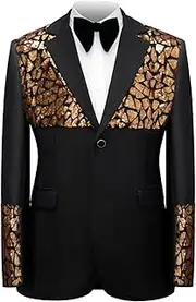 [Homhous] Men's Formal Blazer with Sequins Notched Lapels, Single Breasted, One Button, 2 Pockets, Black