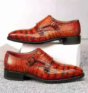Handcrafted Alligator Leather Print Double Buckle Monk Strap Cap Toe Shoes Men