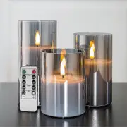 Silver Grey Glass Flameless Flickering Candles With Remote, 3 Pack Realistic Led Fake Candles 3" H 4" 5" 6"