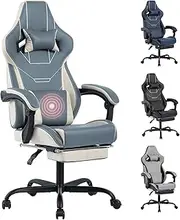 WOTSTA Video Gaming Chair with Footrest, Ergonomic Gamer Chair with Lumbar Support, Height Adjustable Swivel Racing Gaming Massage Chair, Reclining Computer Office Desk Chair for Adults(BeigeBlue)