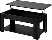Oikiture Coffee Table with Lift Up Top and Storage Space, Wooden Side Table Black