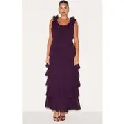 Plus Wine Chiffon Ruched Ruffle Maxi Dress, Wine