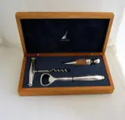 Wine Corkscrew Stopper Opener Set NEW Silver Plate 3 Pc NAUTICA Walnut Gift Box