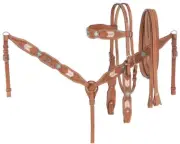 Leather Wide Brow Headstall - Breastcollar - Rein Set - Turquoise Cross