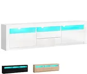 ALFORDSON LED Light TV Cabinet Stand with Storage Cabinet, Shelves and Drawers, Entertainment Unit with Shelves & 2 Drawers, RGB Minimalist Design Multimedia Centres,180x35x60cm, White