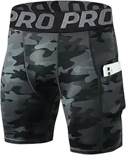 [Lanbaosi] Mens Compression Shorts with Phone Pocket Running Gym Yoga Athletic Tights Baselayer Summer Cool Dry Underwear Pack, Camo Black, Large