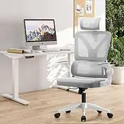 OIKITURE Office Chair with Armrest - Adjustable Seat Height & Headrest, Swivel Computer Desk Chair Breathable Mesh Ergonomic Arched Backrest, Easy Assemble, Capacity 150KG, White
