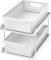 Under Sink Cabinet Organizer, Space Saving Versatile Pull Out Cabinet Organizer, Solid Metal Sink Storage Shelves, Easy to Install Slide Out Under Sink Organizers for Bathroom(white,double-deck)