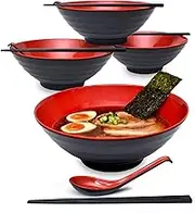 4 Sets (12 Piece) Large Japanese Ramen Noodle Soup Bowl Dishware Set with Matching Spoon and Chopsticks for Udon Soba Pho Asian Noodles (4, Red, 8.6")