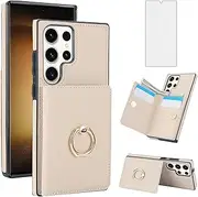 [Asuwish] Phone Case for Samsung Galaxy S23 Ultra 5G with Tempered Glass Screen Protector and RFID Card Holder Slot Ring Kickstand Cell Accessories S23Ultra 23S S 23 23Ultra 6.8 inch Women Men Off White