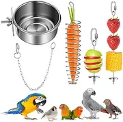 5 Pcs Bird Food Holder Stainless Steel Bird Parrot Skewer Hanging Vegetable Fruit Holder Foraging Feeder Include 2 Small and Large Fruit Fork, 1 Food Basket, 1 Hanging Chain and 1 Feeding Dish Cup