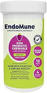 EndoMune Jr Advanced Kids Probiotic and Prebiotic | 10 Billion CFUs | 4 Strains Bacteria and FOS Prebiotic | Physician Formulated | 30 Chewable Tablets