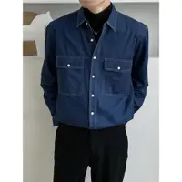 在飛比找ETMall東森購物網優惠-明線設計深藍色復古厚實牛仔襯衫