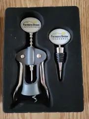 Farmers Union Insurance Wine Stopper Bottle Opener Corkscrew Set Black Silver
