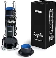MIAMIO - 75 ml Espresso Cup Set with Saucers Coffee Mug Set of 6 - Ceramic Coffee Mug Stackable Espresso Mug with Stand for Coffee Drinks, Latte, Cafe Mocha - Le Papillon Collection (Blue)