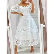 Women's White Dress Midi Dress with Sleeve Date Vacation Streetwear Maxi Off Shoulder Half Sleeve White Color